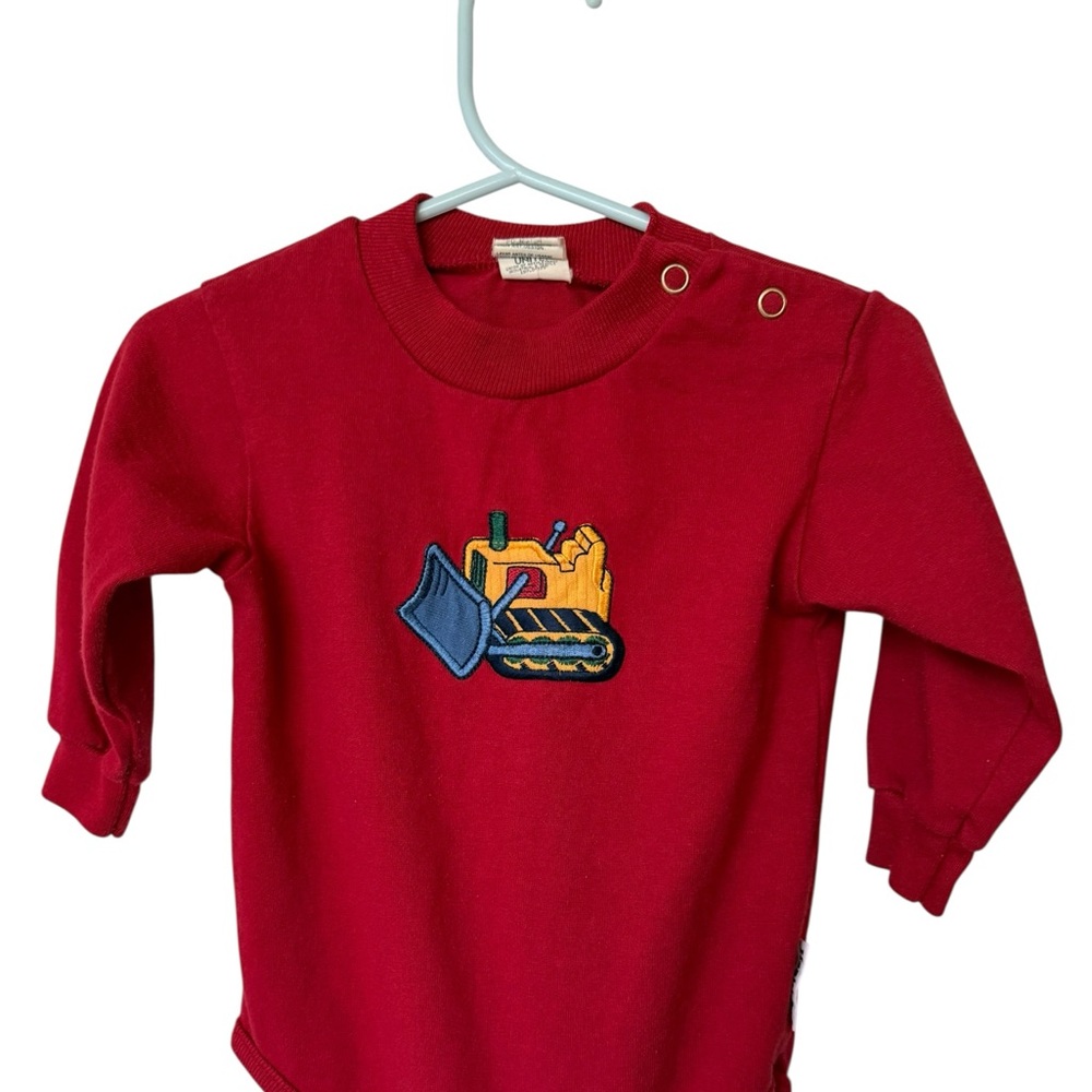 Vintage Healthtex Red Construction Bulldozer LS Bodysuit 12 Months